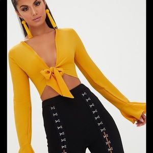 Mustard Tie Front Frill Sleeve Blouse